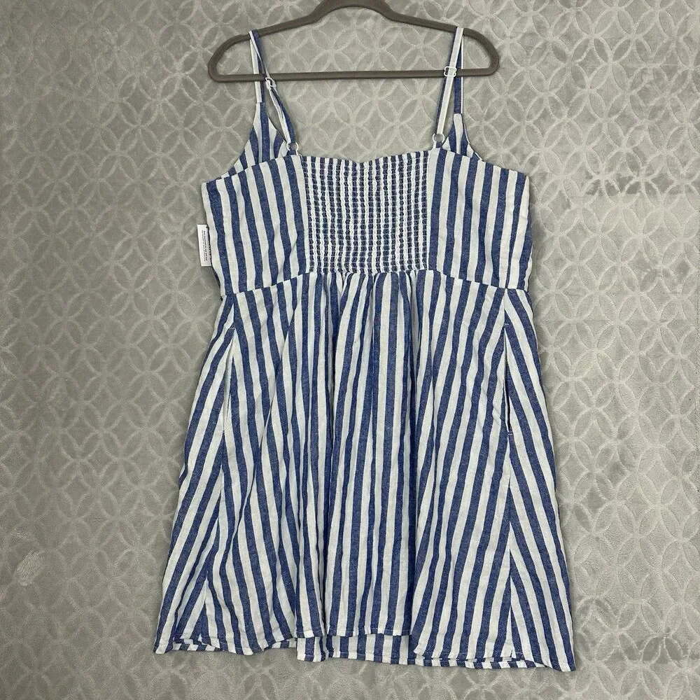 Old Navy Fit & Flare Linen Blend Mini Dress XXL Blue White Stripe Smocked Summer
